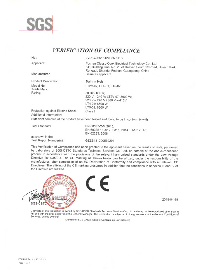 China Foshan Classy-Cook Electrical Technology Co. Ltd. Certification